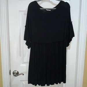 Ee:some black boho mini dress Sz L bell sleeves ruffle trim scoop neck